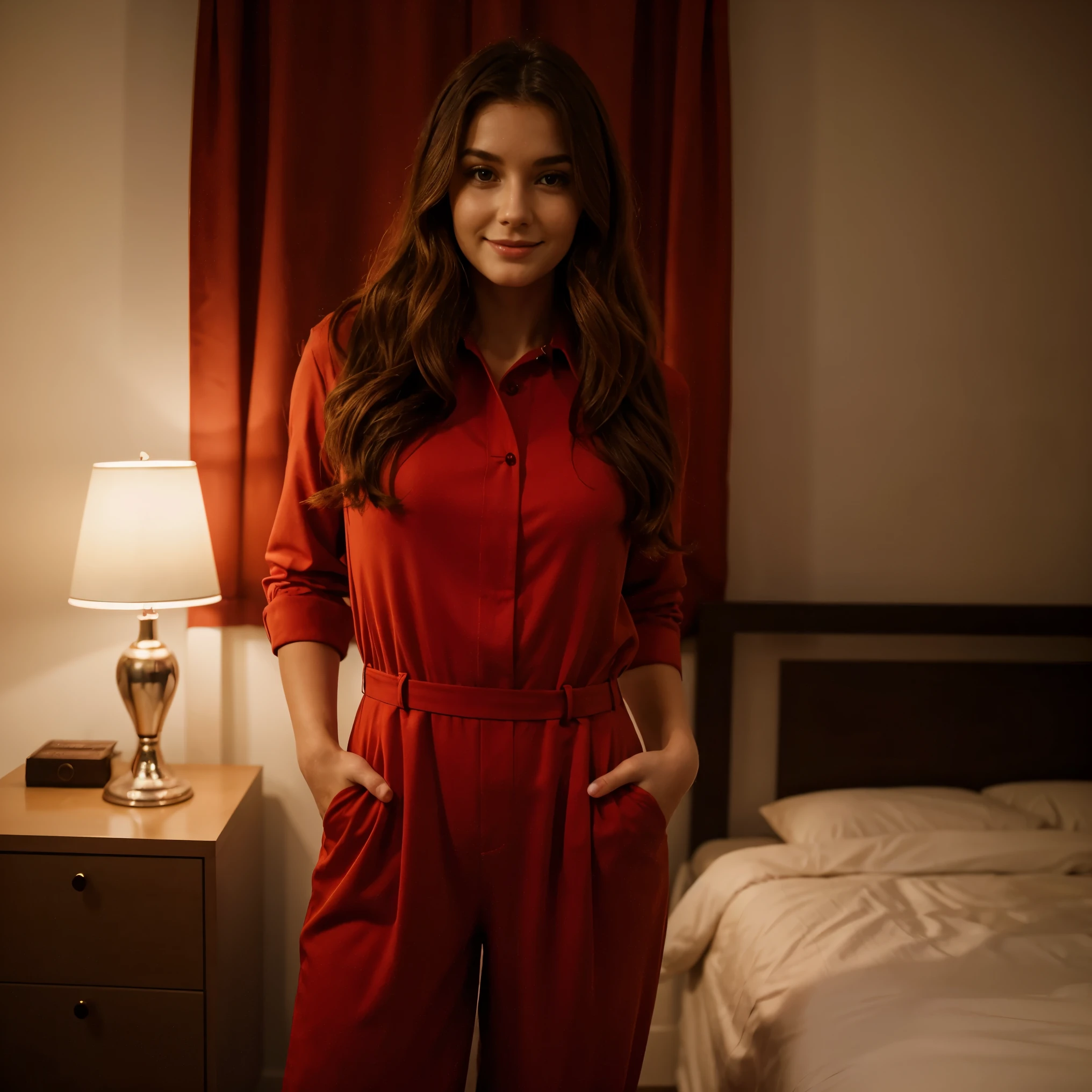 beautiful england women, 25 years old, lovely face, wearing a red color jumpsuit, slightly smiling, beautiful hair, standing, apartment background, night time, looking at the camera while presenting her beautify, capture to thighs