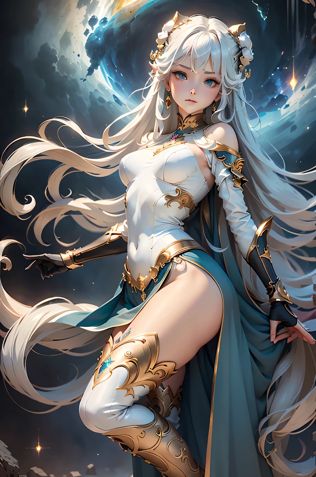 (masterpiece:1.4, highest quality, Dutch Angle)(One girl, alone)(Medium chest, White Hair、Super Long Hair, Aqua Eye)(smile, Floating Hair)(universe、milky way,FanRu)、(from side:1.5,), (Over-the-knee boots, Long tights,Long slit skirt)