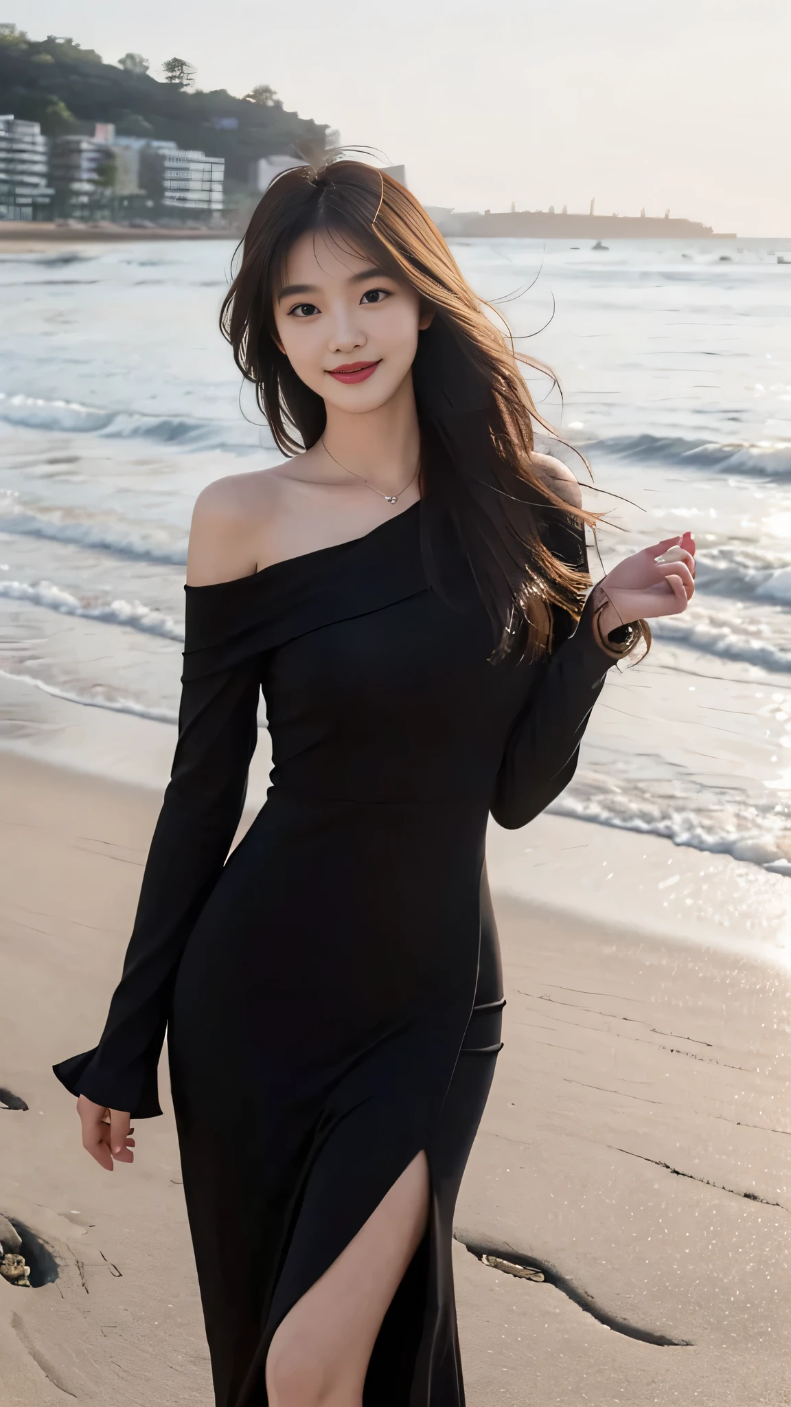 A sweet girl by the beach，voluminous hair，Delicate face，Photorealsitic，of a real，largeaperture，wears a black dress，A cropped dress，Off-the-shoulder，A dress around the neck，Slim，smiles，Ultra-high resolution