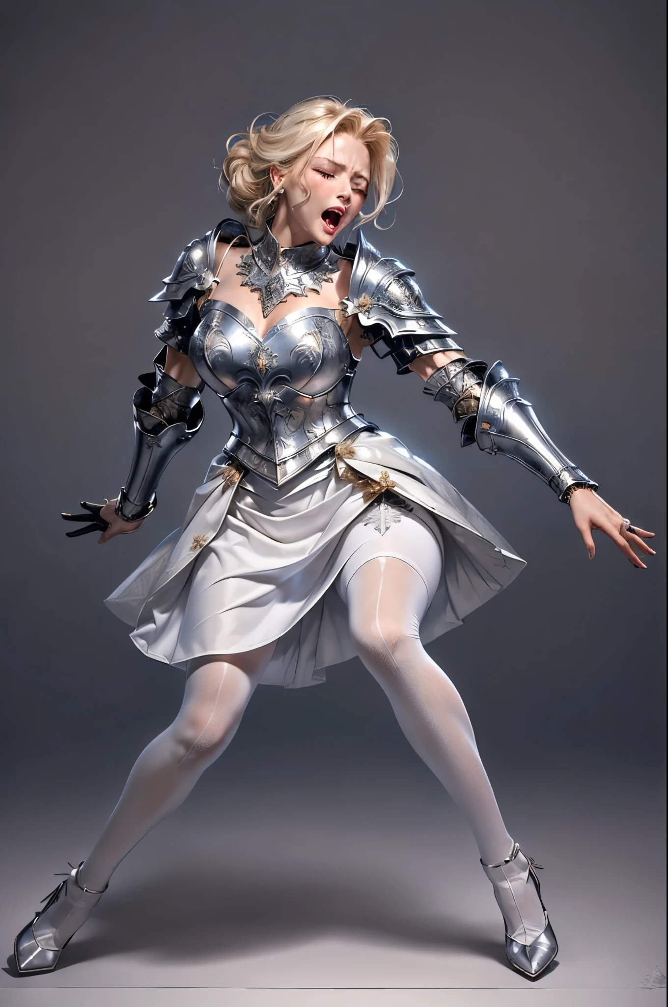 masterpiece, best quality photo, a beautiful 25 years old princess knight is screaming, (fancy engraved medieval metal armor on top:1.3), (waving flare skirt:1.2), (white pantyhose on bottom:1.3), high-heel:1.2, light gray metal armor, (detailed facial expression:1.2), extremely detailed face, extremely beautiful, grimace, screaming, strongly closed eyes, wide open lips:1.3, rich blonde hair:1.1, (painful screaming facial expression:1.2),