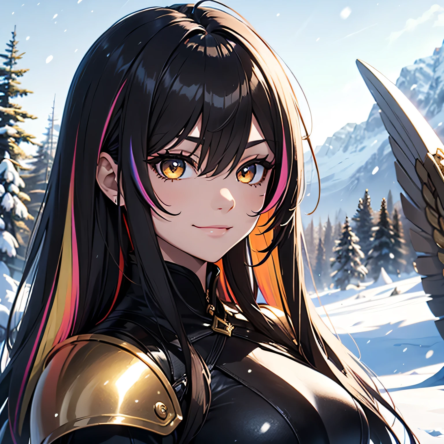 Young demigoddess of destruction, single brown wing, armor, armored dress, long black hair on one side, rainbow highlights in hair, golden eyes, gold shining eyes, smug smile, top of a mountain, snow forest, falling snow, battle axe, big single wing, black wing, slightly narrowed eyes, arrogant smile, one wing, one big angel wing rainbow hair highlights, colorful hair highlights, angel wing, great angel wing, powerful angel wing, giant wing, tanned skin tanned, black hair with rainbow highlights