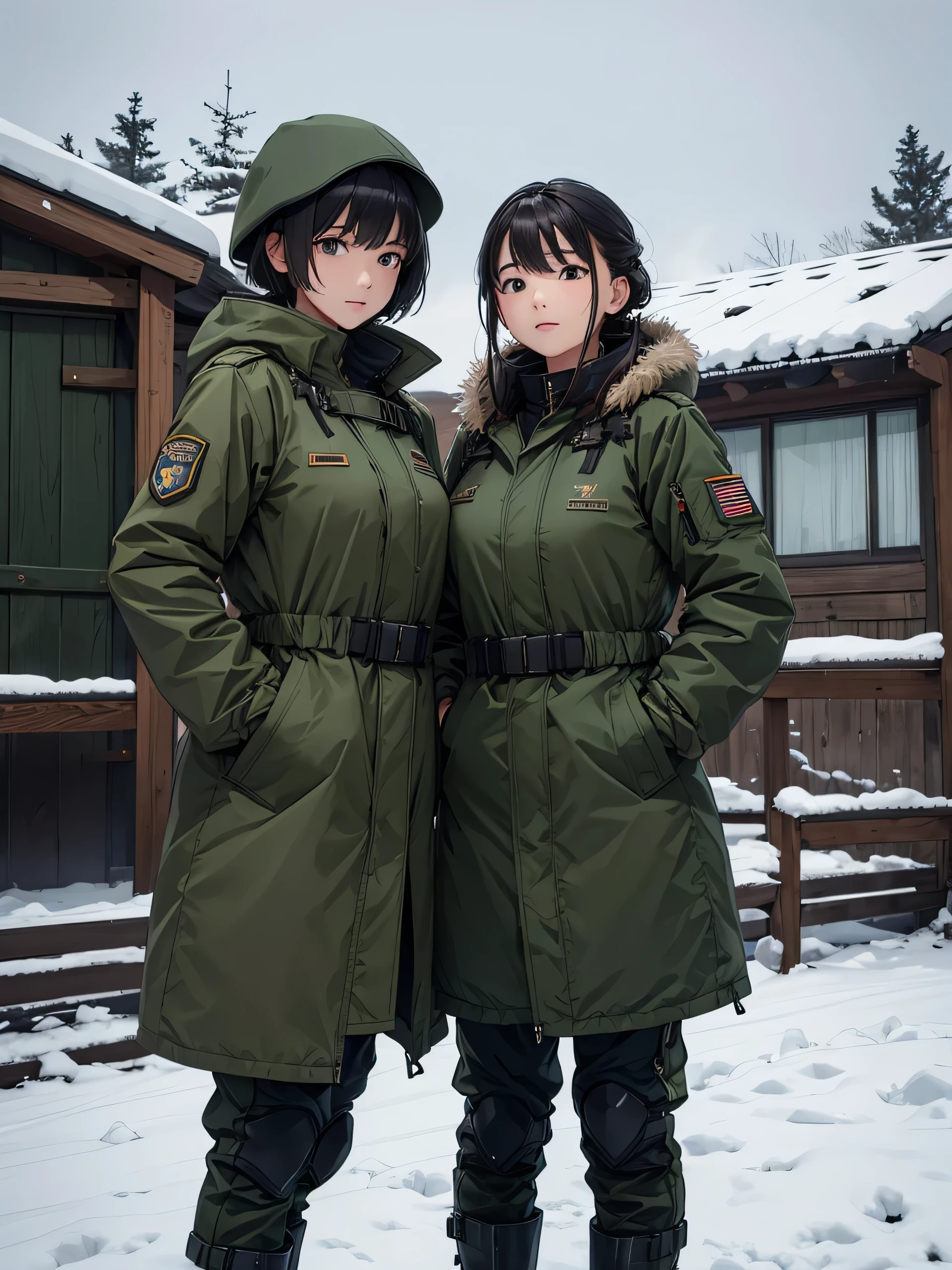 Two female soldiers wearing dark green M-51 military coats、Military Pants、Parka、whole body、stand together、Snowy military camp,masterpiece、best quality、Highly detailed CG、8K picture quality