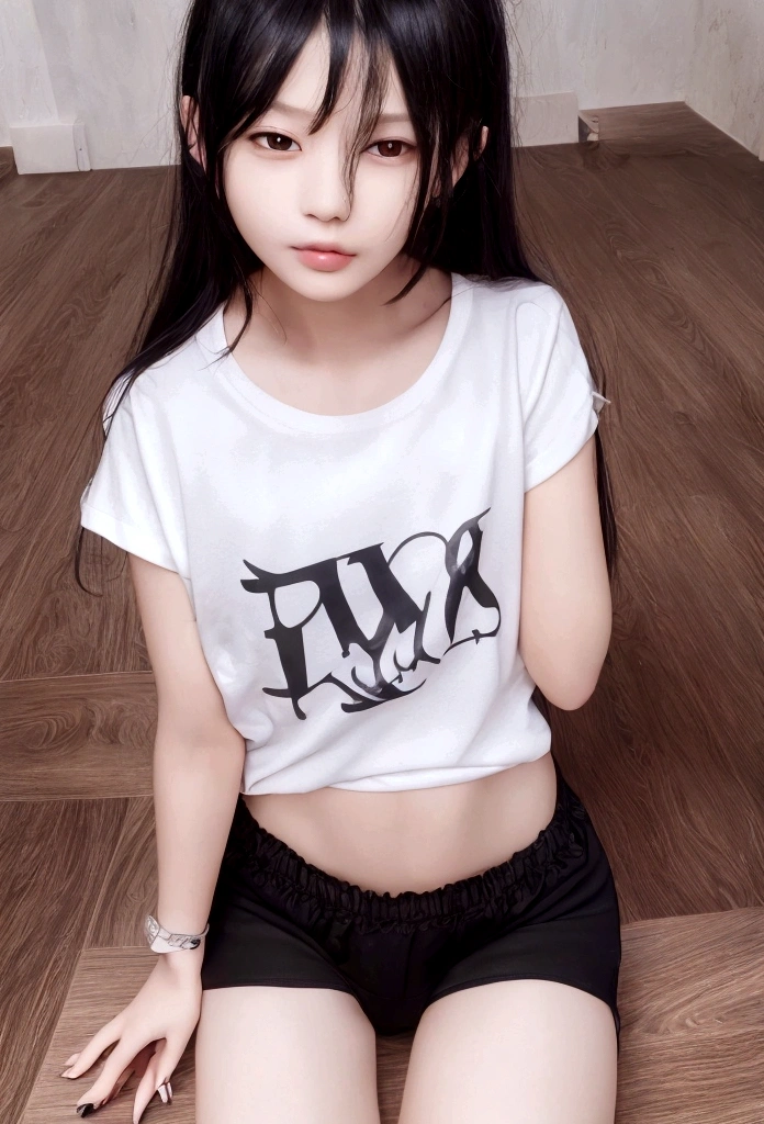 (8K, RAW photo, best quality, masterpiece:1.3),(real,photo:1.37),(Black Hair),posture,1 Girl,Very beautiful face,Lovely,(small),(Put your hands down))),Poggy Hairstyle,random expression,(White T-shirt),JK_style,(sports Shorts) ,Black Hair,The facial features are the same as the person in the reference picture,humble,Five fingers,Ordinary hands,small Mouth,Straight Hair
