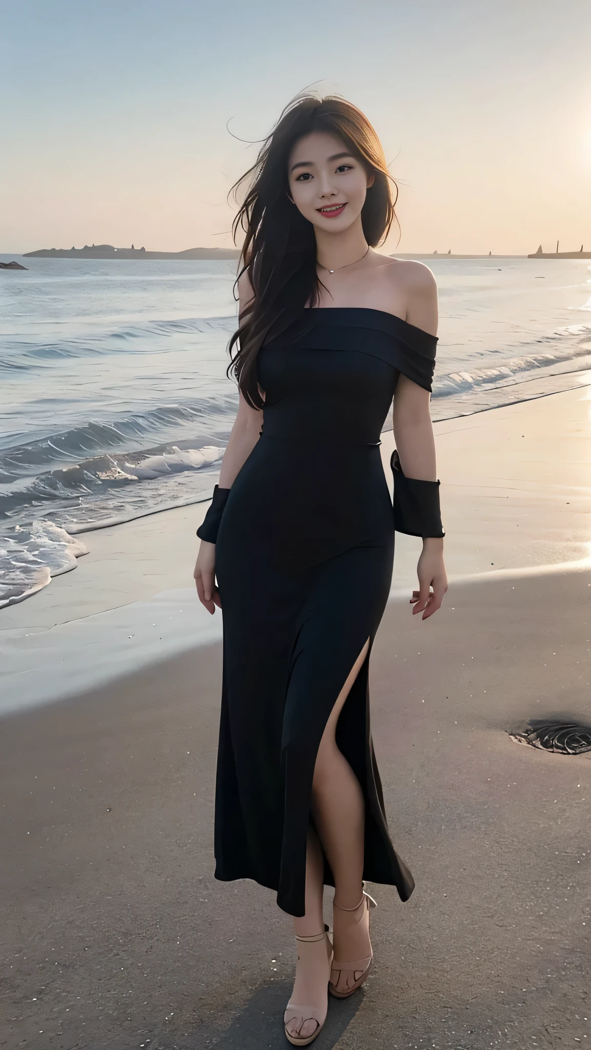 A sweet girl by the beach，voluminous hair，Delicate face，Photorealsitic，of a real，largeaperture，wears a black dress，A cropped dress，Off-the-shoulder，A dress around the neck，Slim，smiles，Ultra-high resolution