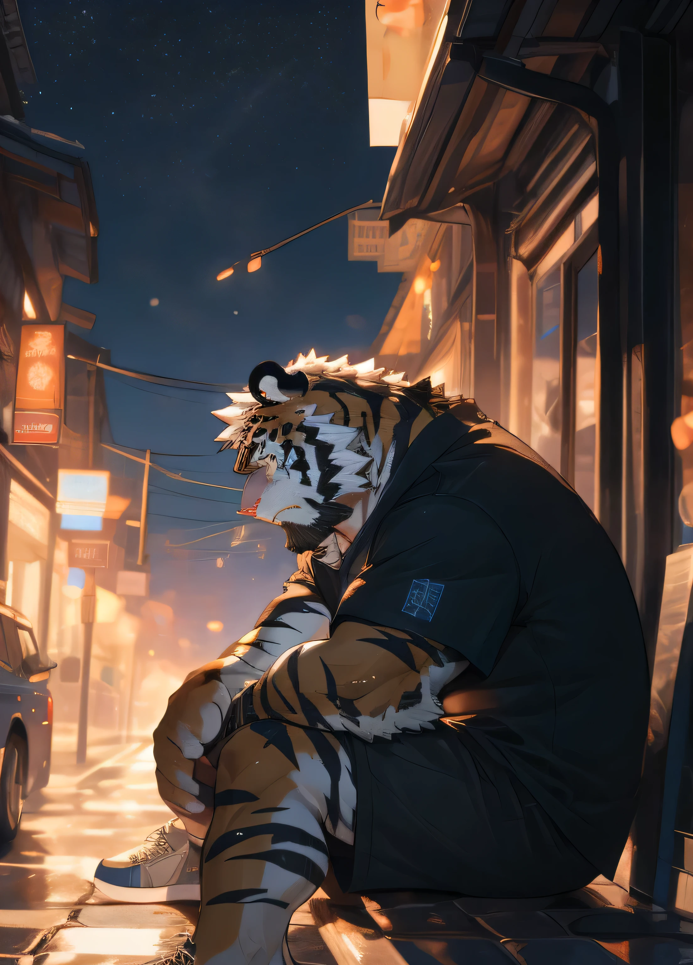 (masterpiece)，(Very detailed)，(best quality)，He is a white tiger orc，His body is strong and muscular，His golden eyes are as beautiful as stars，The white fur on the body is pure and flawless，Unique blue tiger stripes in white fur，He sat on the street in a depressed mood，Nightfall，Some raindrops fell from the sky，But he just sat on a bench by the street with his knees hugged and cried silently，He was wearing baggy casual shorts and a short shirt.，The tiger&#39;s tail droops down，Shoes are sneakers，(HD)