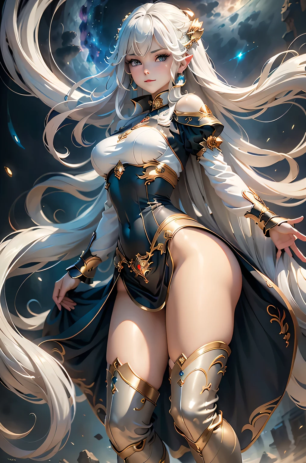(masterpiece:1.4, highest quality, Dutch Angle)(One girl, alone)(large breasts, White Hair、Super Long Hair, Aqua Eye)(smile, Floating Hair)(universe、milky way,FanRu)、(from side:1.5,), (Over-the-knee boots, Long tights,Long slit skirt)