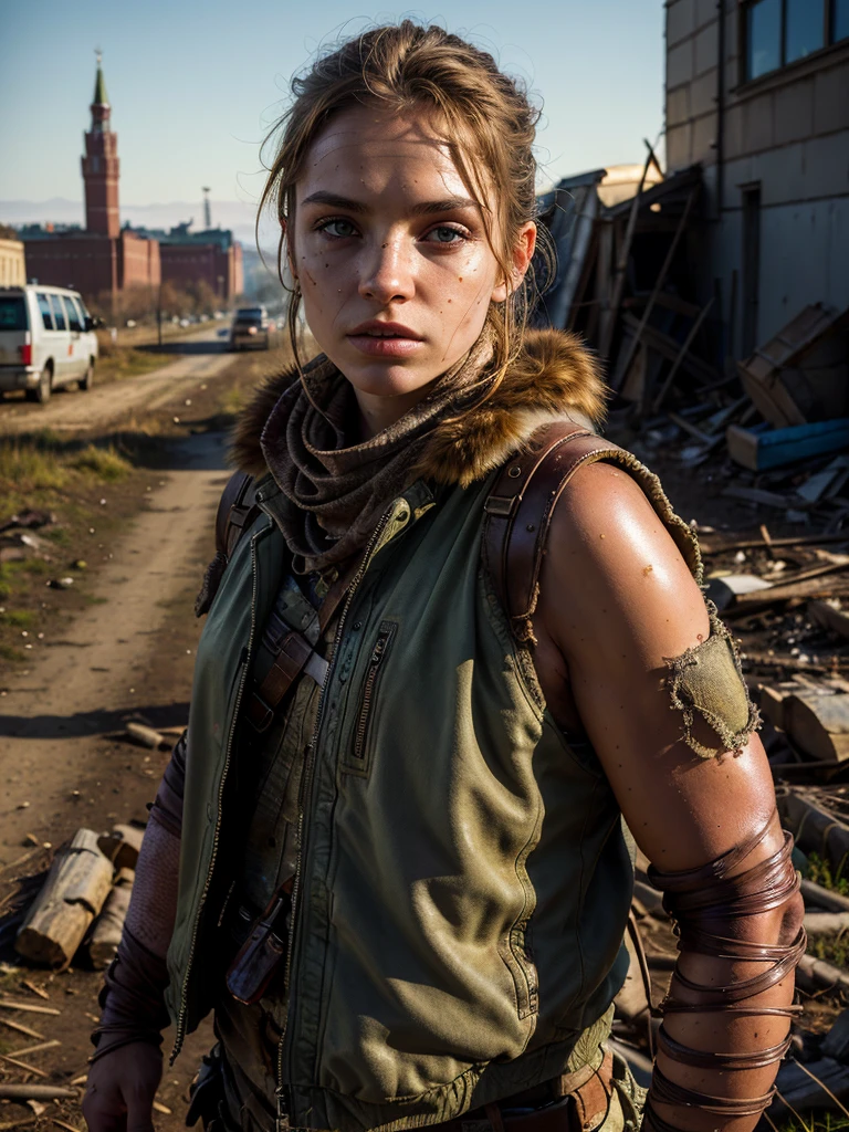 (best quality, masterpiece, highest detailed), (photorealistic:1.2), (detailed light:1.2), (Realistic skin texture:1.4), raw photo, post-apocalyptic landscape, post apocalypse clothes, Moscow, world after the apocalypse, creepy picture, dark lighting