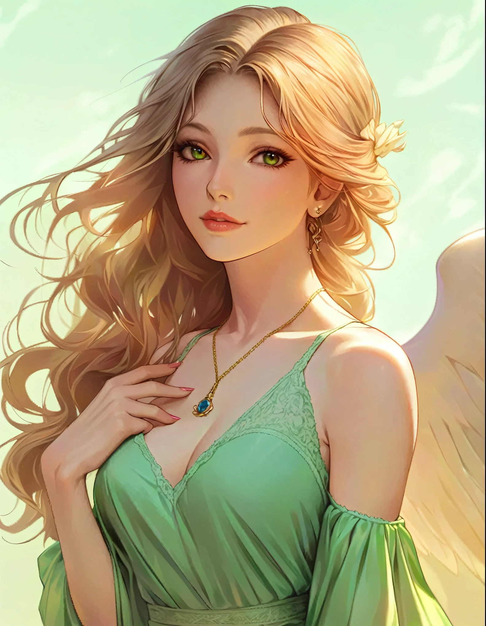 Blonde woman with angel wings and green dress posing for a photo, ArtJam. High detail, extremely detailed ArtJam, ArtJam. Anime illustration, ArtJam on artstation pixiv, Beautiful angel, of an Beautiful angel girl, style ArtJam, Beautiful digital art, ! dream ArtJam, portrait of a Beautiful angel, Beautiful digital illustrations