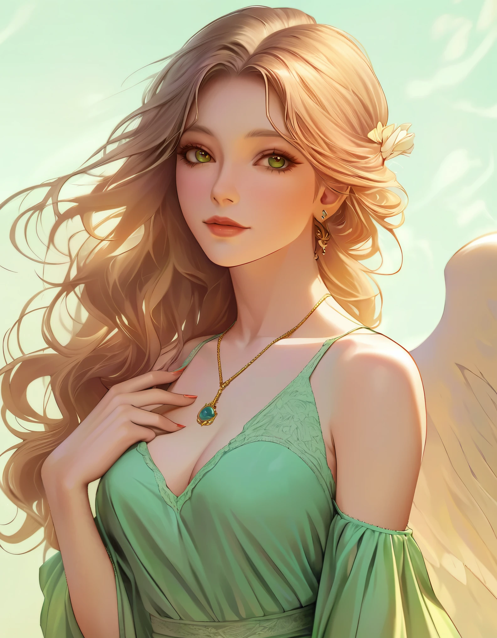 Blonde woman with angel wings and green dress posing for a photo, ArtJam. High detail, extremely detailed ArtJam, ArtJam. Anime illustration, ArtJam on artstation pixiv, Beautiful angel, of an Beautiful angel girl, style ArtJam, Beautiful digital art, ! dream ArtJam, portrait of a Beautiful angel, Beautiful digital illustrations