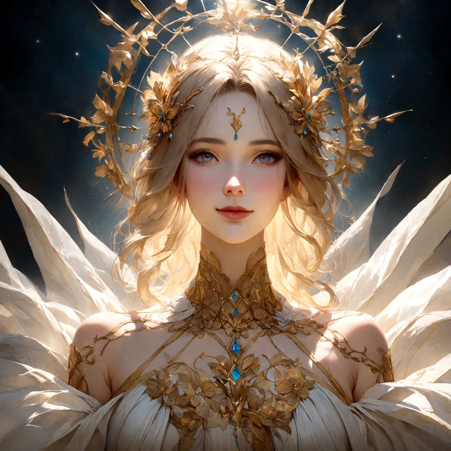 8K, RAW photo, best quality, (masterpiece:1.2), (realistic, photo-realistic:1.37), ultra-detailed, blonde, solo, beautiful golden hour light, blue eyes, In the detailed visualization, focus on a close-up of Aphrodite's (upper body:1.1) as she (faces the viewer directly:1.2), (looking at viewer:1.2), her gaze meeting theirs in a manner that suggests a personal and engaging conversation. Adorned in attire that reflects her mystique and divine elegance, the garment is meticulously designed to honor the goddess's dignity, (with minimal skin exposure:1) and draped in ethereal fabrics that grace her upper form. These fabrics, chosen for their subtle celestial glow, complement the serene beauty and heartfelt smile that Aphrodite offers to those who gaze upon her. The timeless design of her attire, featuring delicate floral embroidery and utilizing soft, luminous colors, perfectly harmonizes with her divine aura. This close-up portrayal not only accentuates the gentle contours of her face and the gracefulness of her posture but also emphasizes the engaging, conversational atmosphere she creates. Surrounded by a soft halo that casts a tranquil light, this depiction of Aphrodite emphasizes her as an emblem of grace, compassion, and transcendent beauty, making the viewer feel as though she is speaking directly to them, inviting a moment of connection and spiritual communion."