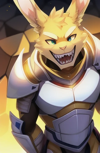 solo, male, rabbit, yellow colored fur, lean body, anthropomorphic rabbit, hive mind, sharp teeth, white uniform armor