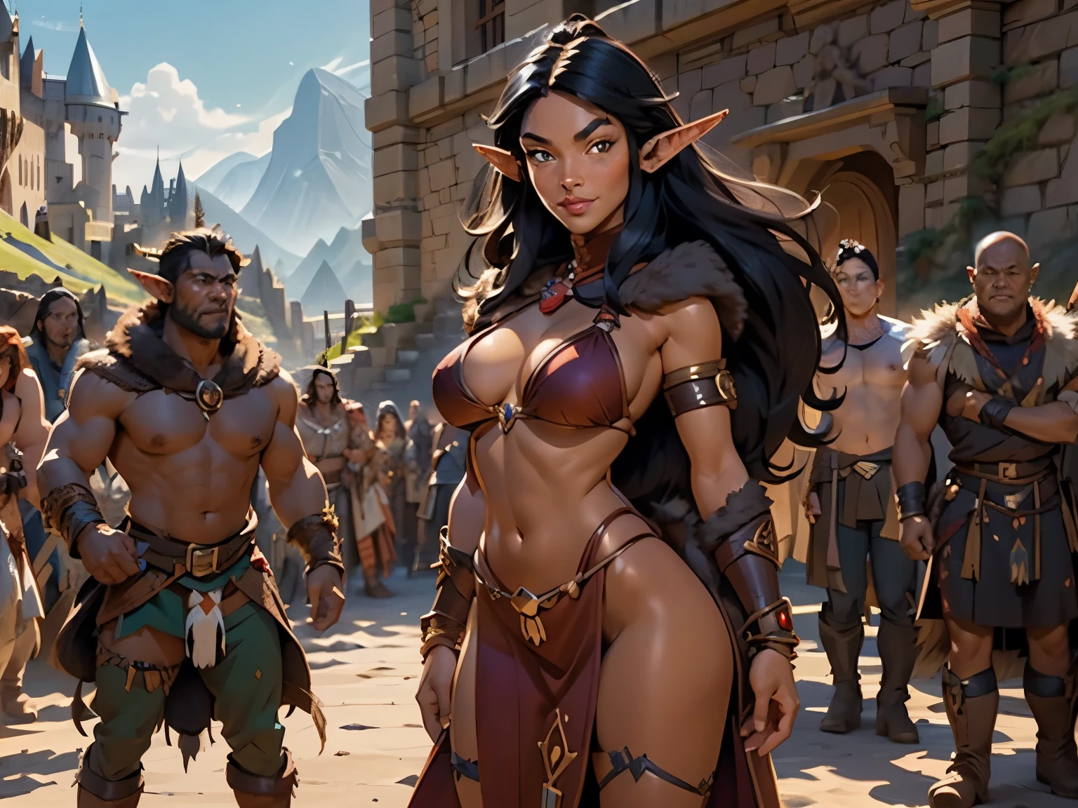 a ((native american elf)). She wears a brown leather bikini, fur cloak, fur boots, fur bracers. (((native American))), 1woman, large breasts , curvy, slim waist. ((black hair)), long hair, coco skin, Dark skin, brown eyes. (detailed eyes, detailed face), smile, red lips. Square jaw, high cheekbones, strong jaw line. Show her in a heroic pose ready for battle. tanned skin. intricate details. a horde of monsters attack the castle gate in the background. many orcs and goblins with jagged weapons in the background.