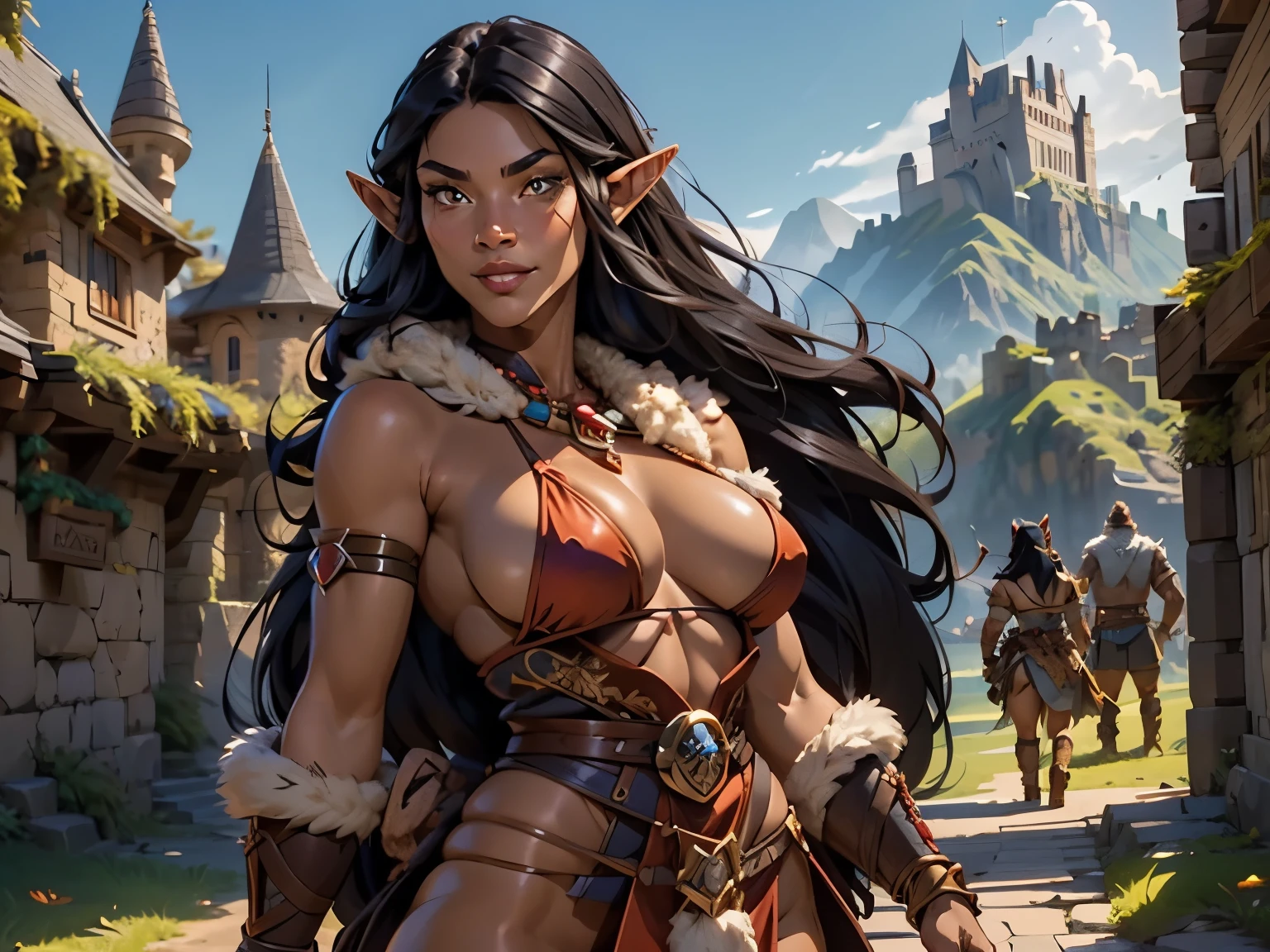 a ((native american elf)). She wears a brown leather bikini, fur cloak, fur boots, fur bracers. (((native American))), 1woman, large breasts , curvy, slim waist. ((black hair)), long hair, coco skin, Dark skin, brown eyes. (detailed eyes, detailed face), smile, red lips. Square jaw, high cheekbones, strong jaw line. Show her in a heroic pose ready for battle. tanned skin. intricate details. a horde of monsters attack the castle gate in the background. many orcs and goblins with jagged weapons in the background.