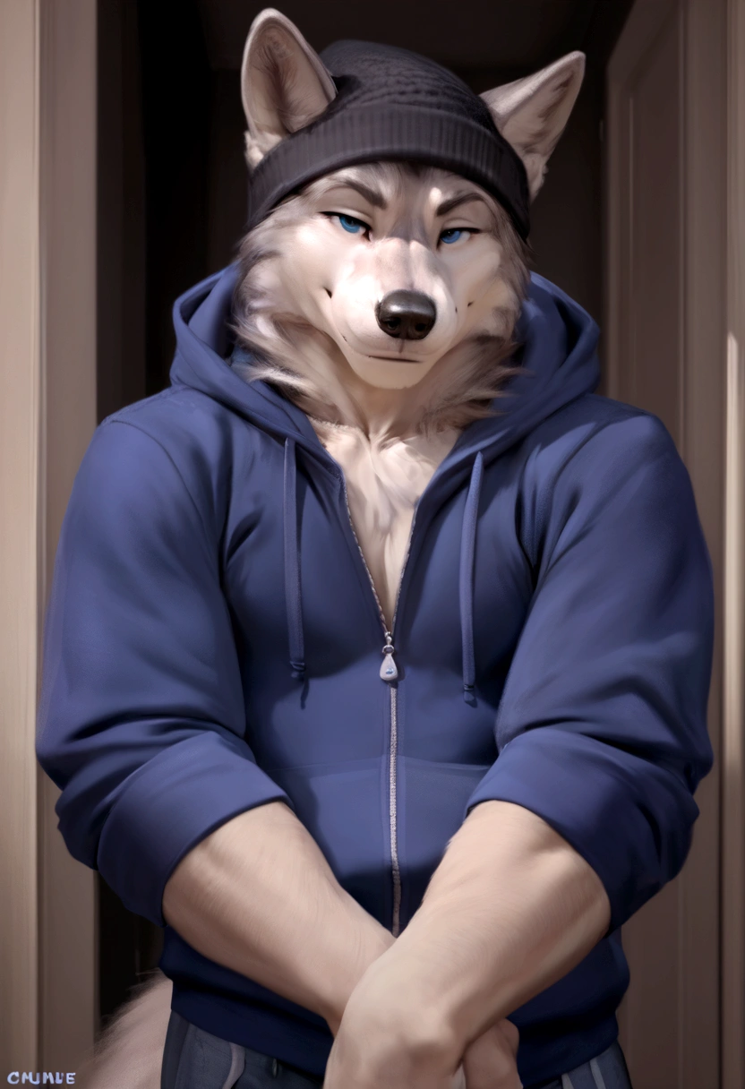 4k, high resolution, best quality, perfect colors, perfect shadows, perfect lighting, posted on e621, furry body, solo, medium full shot, anthro gray wolf, natural gray wolf fur pattern, sleep deprived, irritated eyes, wearing a t shirt with a death metal band logo, wearing a black open zipped down hoodie with the hood down, (anatomically correct wolf tail, detailed fingers, male, (middle-aged, mature:1.2), (skinny, average body), correct anatomy, (photorealistic fur, detailed fur, epic, masterpiece:1.2), (big modern background), (by Taran Fiddler, by Chunie, by Rukis, Bonifasko lighting), (standing), detailed blue eyes, smiling half-heartedly at the viewer, the hoodie is zipped down and showing the t shirt, the hood on the hoodie is down, t shirt is visible, head is fully visible, wearing a black beanie, he is not wearing the hood, the shirt can be seen under the hoodie, sleeves rolled up to elbows