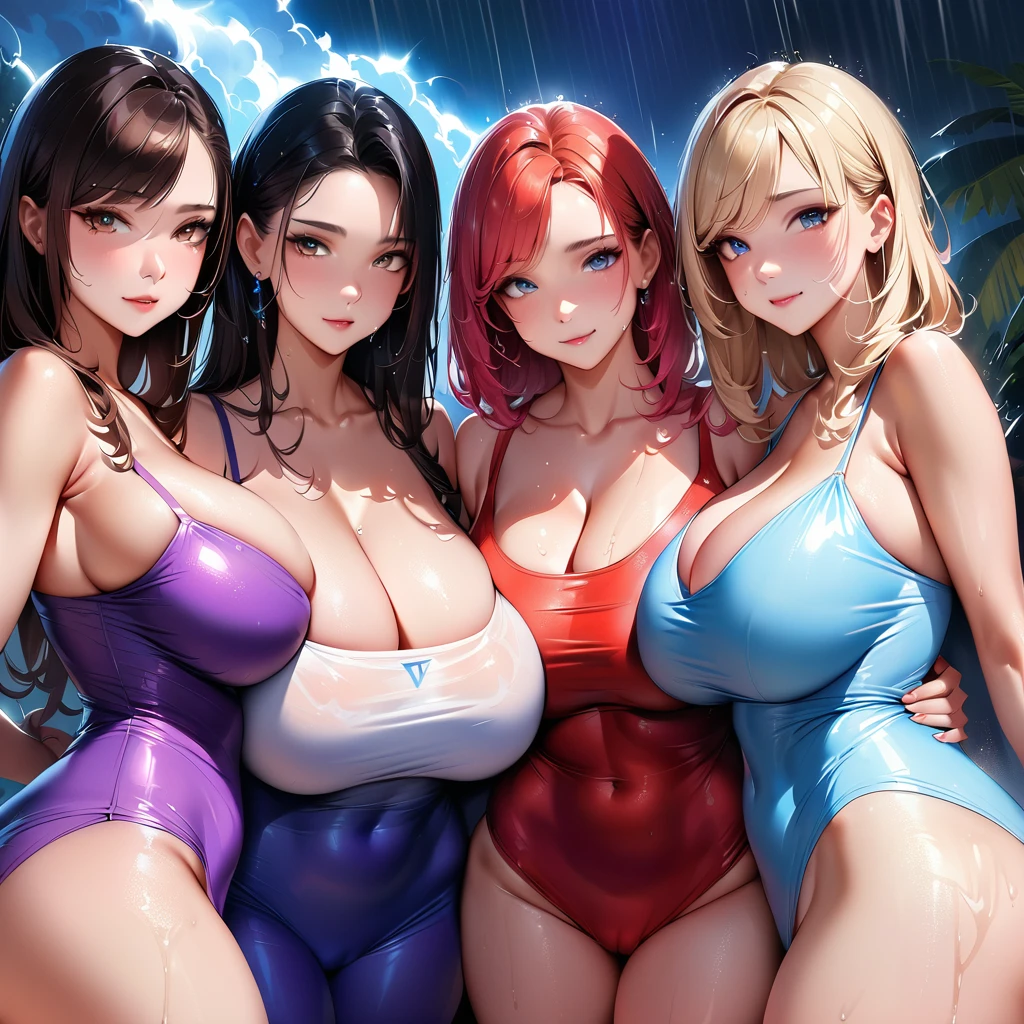 highest quality, Super detailed, Ultra-high resolution,8K, Ultra-high definition 4K, (Perfect Anatomy, Anatomically correct), (5 cute girls:1.4), (Beautiful Eyes), (High-quality facial beauty), (In the Storm:1.2), (Photorealistic), (Big Breasts), Soft Skin, Glowing Skin, (tight camisole dresses), Bright lighting, lined up vertically, Very heavy rain, colorful, Goddess-like beauty, (NSFW)