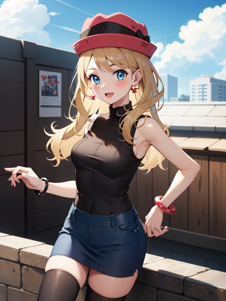 gonzarez, masterpiece, Serenaj, 1girl, hair, blonde hair, blue eyes, headwear, solo, jewelry, thighhighs, sleeveless turtleneck, turtleneck, jeans, sleeveless red coat,  smile, sweater vest, blonde hair, blue shining earrings, hat, blue eyes, sleeveless, open mouth, eyelashes, vest, blush, bangs, breasts, hair, bracelet, looking at viewer, outdoors, black thighhighs, brown thighhighs, sky, day, sparkle, light, white skirt, brown vest, park , cowboy shot,  full body, rooftop,