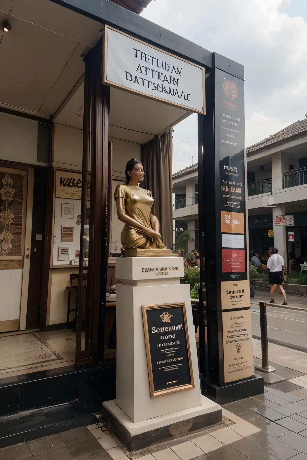 desain stand expo dengan tugu selmat datang di depan dan konsep luar ruangan
