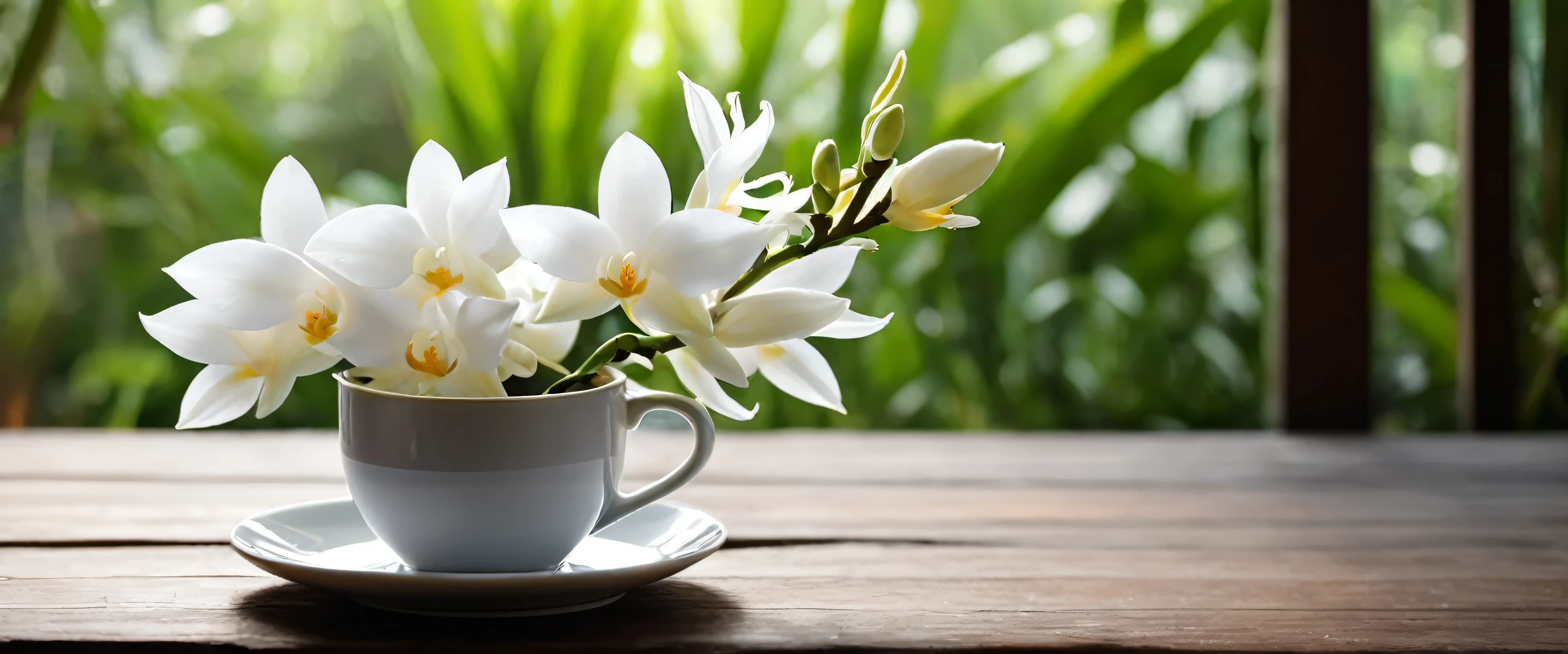 Single white dendrobium flower bouquet lying flat on wooden table,Beautifully, Soft light and shadow,beautiful and bright,Take away a cup of coffee on a fresh and bright morning(Dark coffee cup)。from a bird's point of view'Perspective,Bokeh background adds romantic atmosphere,There are no characters in the whole scene,Seems extremely peaceful and comfortable,With window background,Fresh and bright bokeh background