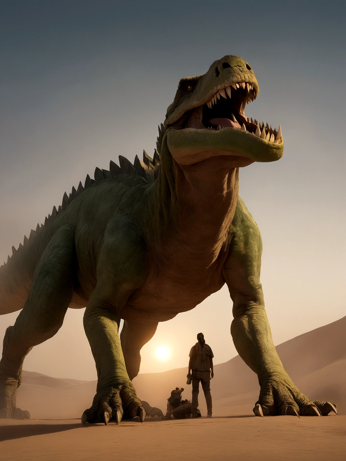 A fierce green dinosaur that lives in desert environments、Imagine a Tyrant Rex, With wide-open jaws and sharp fangs, The merciless sun flickers in the sky, Heat reflecting off a dinosaur's scaly skin, Realistic photos, 24mm Wide Angle Lens, --16 pieces :9-5 o'clock