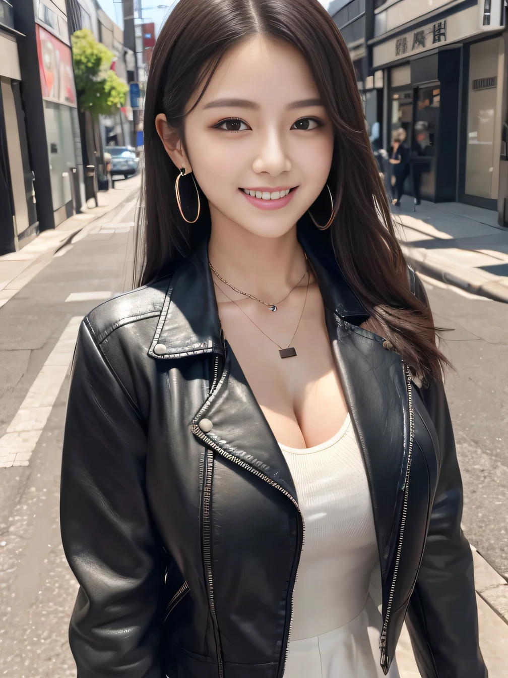 Ultra-high resolution, Superior Quality, highest quality, Very detailed, Realistic, 8k, RAW Photos, highest quality, masterpiece, Attractive girl, Awesome girl, Black Hair、 Japanese Idols, Sophisticated, stylish, leather jacket、shirt、Cleavage、smile、Beautiful teeth alignment、ear piercing、Necklace around the neck、