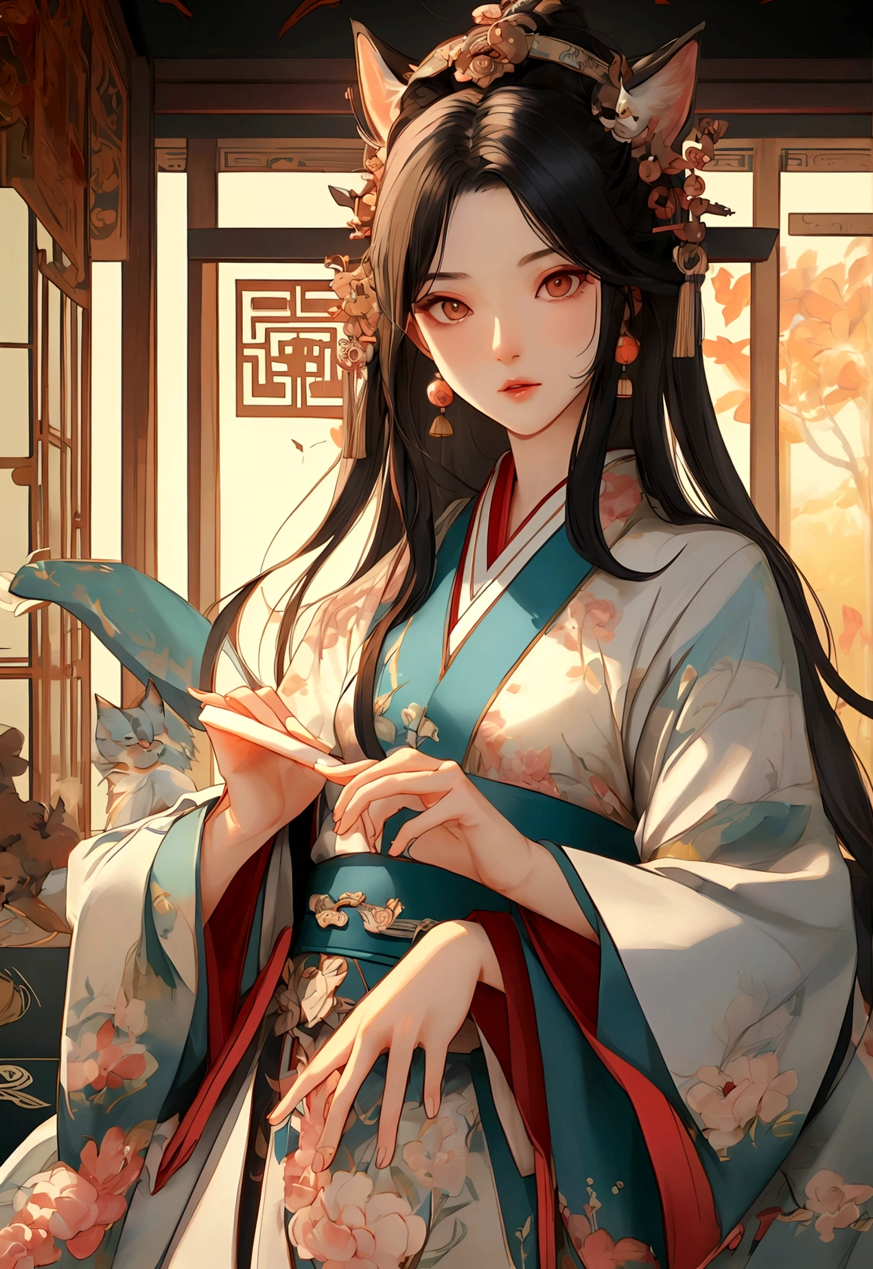 ((Masterpiece)), (Best Quality), (Cinematic),(highly accurate drawing in every detail)(extremely precise representation)half_body_portrait,ancient asia vibe, a stunning hanfu oriental cat(with all cat specific bodyparts) dressed in georgeous hanfu dress with sacred geometric patterns and hair plus hanfu headpiece.big eyes, high quality linework,