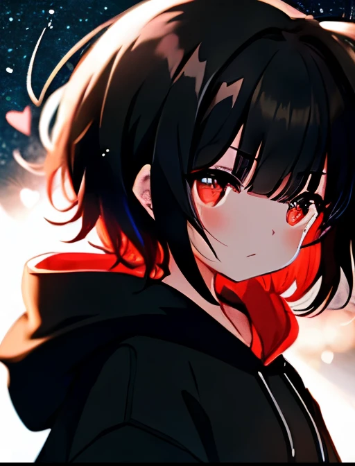 a girl, black hoodie on, upper body, (short black hair:1.1), (with bangs:1.1), (wide open red eyes:1.2), night sky with stars, bokeh, depth of field, blurry background, light particles, strong wind, (heart particles:1.1)