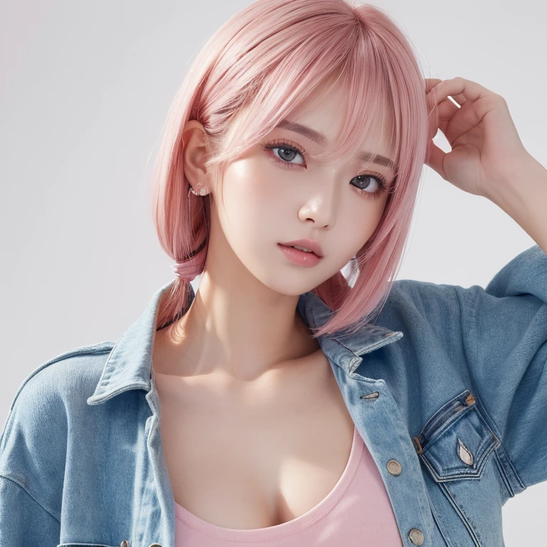 ((highest quality, 8K, masterpiece: 1.3)), 1 girl, Beauty that emphasizes slim abdominal muscles: 1.3, (casual hairstyle, super big: 1.4),super detailed face, delicate eyes, double eyelid, soft chest, full body,pink hair,bob style,charisma,street coordination,close_up,White background