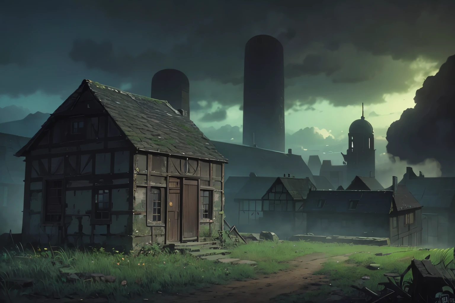 a ruined fantasy town, detailed architecture, crumbling buildings, overgrown vegetation, derelict structures, abandoned city, dramatic lighting, moody atmosphere, cinematic composition, fantasy landscape, intricate details, epic scale, sense of decay, mysterious ambiance, vibrant colors, (best quality,4k,8k,highres,masterpiece:1.2),ultra-detailed,(realistic,photorealistic,photo-realistic:1.37)