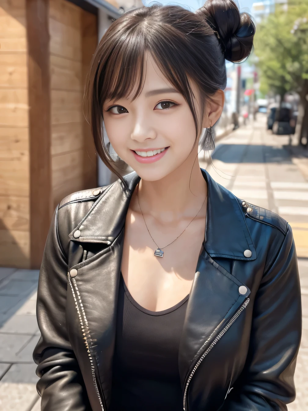 Ultra-high resolution, Superior Quality, highest quality, Very detailed, Realistic, 8k, RAW Photos, highest quality, masterpiece, Attractive girl, Awesome girl, Black Hair、Hairstyle: Bun、 Japanese Idols, Sophisticated, stylish, leather jacket、shirt、smile、Beautiful teeth alignment、ear piercing、Necklace around the neck、