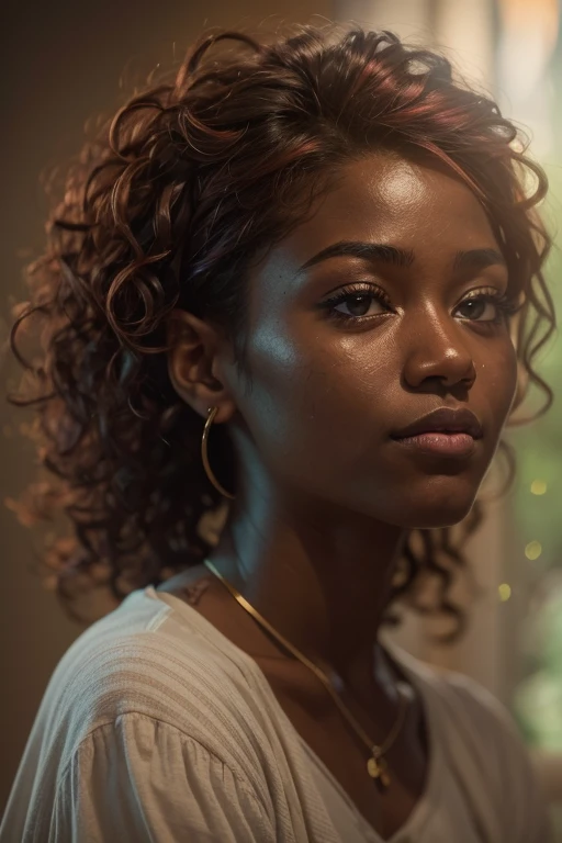 A full body of a 18-year-old woman with short red hair. (nsfw:1.2), Her dark brown eyes are fixed on the camera, conveying serenity and spiritual wisdom. where the soft light highlights her calm and mysterious aura. She has dark skin, which seems to exude a natural glow. Her hair is short, with a cut that highlights her confident and spiritual expression. The strands are the color of ebony, with some natural highlights that shine softly in the light. Her eyebrows are well defined and complement her expressive eyes. They seem capable of seeing beyond appearances and delving into the depths of the human spirit. Her face is serene, with soft features that suggest compassion and empathy. She has a big gentle smile that radiates calmness and confidence. Her presence is welcoming and inspiring,