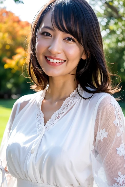 1girl,(wearing a blouse:1.2),(RAW photo, best quality), (realistic, photo-realistic:1.4), masterpiece, an extremely delicate and beautiful, extremely detailed, 2k wallpaper, Amazing, finely detail, extremely detailed CG unity 8k wallpaper, ultra-detailed, highres, soft light, beautiful detailed girl, extremely detailed eyes and face, beautiful detailed nose, beautiful detailed eyes,cinematic lighting,autumn scenery,sunlight,perfect ???????,slender body,smiling
