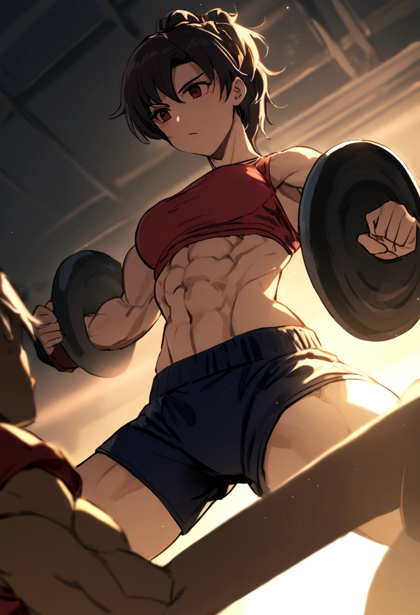 Natsu Dragnell, Working out hard in a bodybuilding gym, mascular body with only dark navy boxing shorts