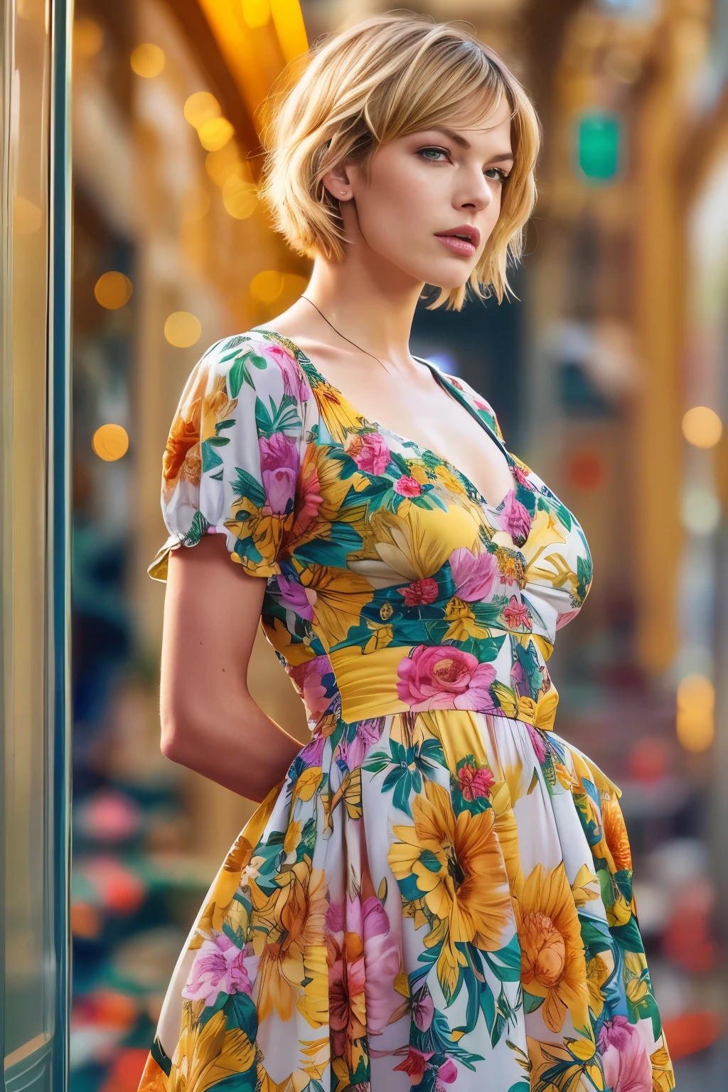 A woman in a floral dress standing in front of a window - SeaArt AI
