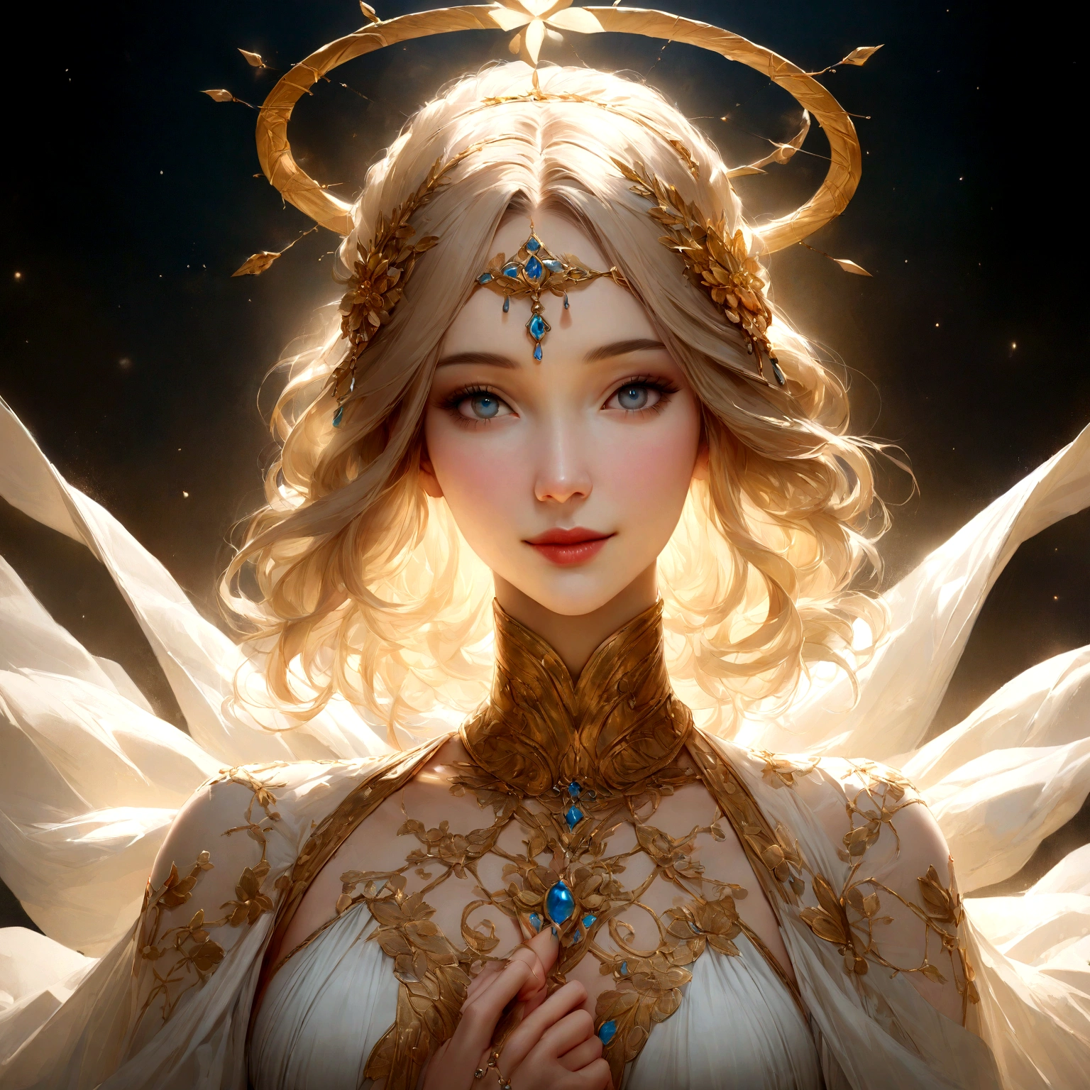 8K, RAW photo, best quality, (masterpiece:1.2), (realistic, photo-realistic:1.37), ultra-detailed, blonde, solo, beautiful golden hour light, blue eyes, In the detailed visualization, focus on a close-up of Aphrodite's (upper body:1.1) as she (faces the viewer directly:1.2), (looking at viewer:1.2), her gaze meeting theirs in a manner that suggests a personal and engaging conversation. Adorned in attire that reflects her mystique and divine elegance, the garment is meticulously designed to honor the goddess's dignity, (with minimal skin exposure:1) and draped in ethereal fabrics that grace her upper form. These fabrics, chosen for their subtle celestial glow, complement the serene beauty and heartfelt smile that Aphrodite offers to those who gaze upon her. The timeless design of her attire, featuring delicate floral embroidery and utilizing soft, luminous colors, perfectly harmonizes with her divine aura. This close-up portrayal not only accentuates the gentle contours of her face and the gracefulness of her posture but also emphasizes the engaging, conversational atmosphere she creates. Surrounded by a soft halo that casts a tranquil light, this depiction of Aphrodite emphasizes her as an emblem of grace, compassion, and transcendent beauty, making the viewer feel as though she is speaking directly to them, inviting a moment of connection and spiritual communion."