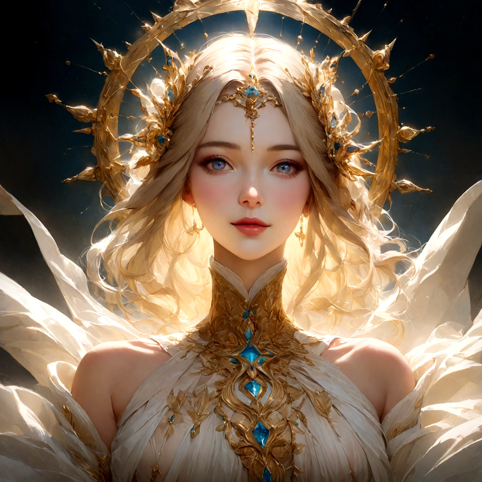 8K, RAW photo, best quality, (masterpiece:1.2), (realistic, photo-realistic:1.37), ultra-detailed, blonde, solo, beautiful golden hour light, blue eyes, In the detailed visualization, focus on a close-up of Aphrodite's (upper body:1.1) as she (faces the viewer directly:1.2), (looking at viewer:1.2), her gaze meeting theirs in a manner that suggests a personal and engaging conversation. Adorned in attire that reflects her mystique and divine elegance, the garment is meticulously designed to honor the goddess's dignity, (with minimal skin exposure:1) and draped in ethereal fabrics that grace her upper form. These fabrics, chosen for their subtle celestial glow, complement the serene beauty and heartfelt smile that Aphrodite offers to those who gaze upon her. The timeless design of her attire, featuring delicate floral embroidery and utilizing soft, luminous colors, perfectly harmonizes with her divine aura. This close-up portrayal not only accentuates the gentle contours of her face and the gracefulness of her posture but also emphasizes the engaging, conversational atmosphere she creates. Surrounded by a soft halo that casts a tranquil light, this depiction of Aphrodite emphasizes her as an emblem of grace, compassion, and transcendent beauty, making the viewer feel as though she is speaking directly to them, inviting a moment of connection and spiritual communion."