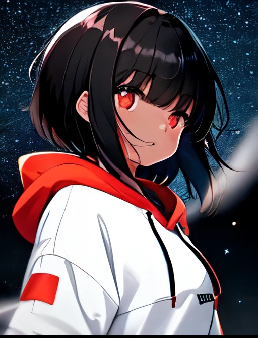 a girl, black hoodie on, upper body, (short black hair:1.1), (with bangs:1.1), (wide open red eyes:1.2), night sky with stars, bokeh, depth of field, blurry background, light particles, strong wind, (heart particles:1.1)