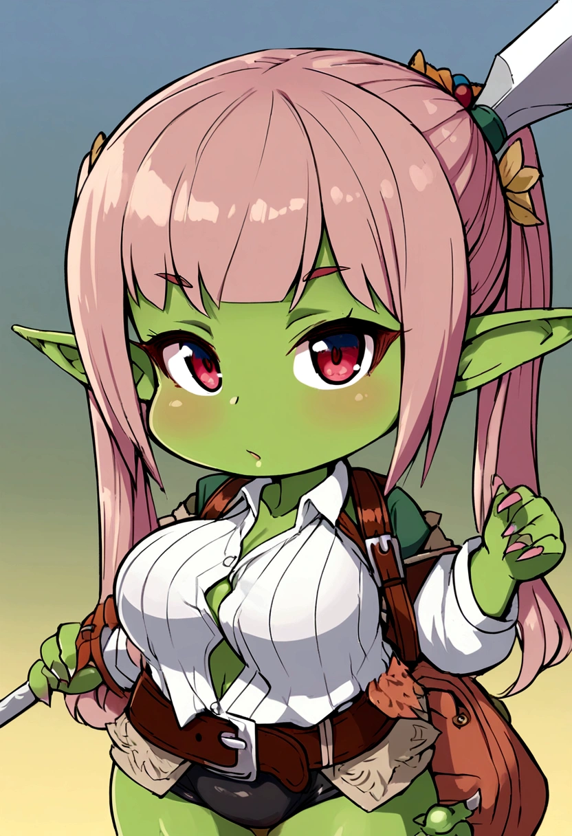 green skin, goblin, adventurer, backpack, spear, leather belt, vest, long ears, pointy ears, elf ears, thin clothes, open shirt, breasts, curvy, ecchi, short, shortstack, pigtails