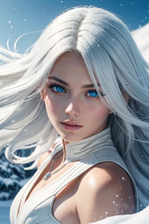 (masterpiece), best quality, ultra-detailed, realistic, dynamic pose, floating, snow, winter, (1girl), beautiful face, blue eyes, white hair, X-Men, Marvel Comics, silver diamond necklace, high resolution, (low key+high saturation):0.8, (subtle vignette+cinematic color grading):0.9.