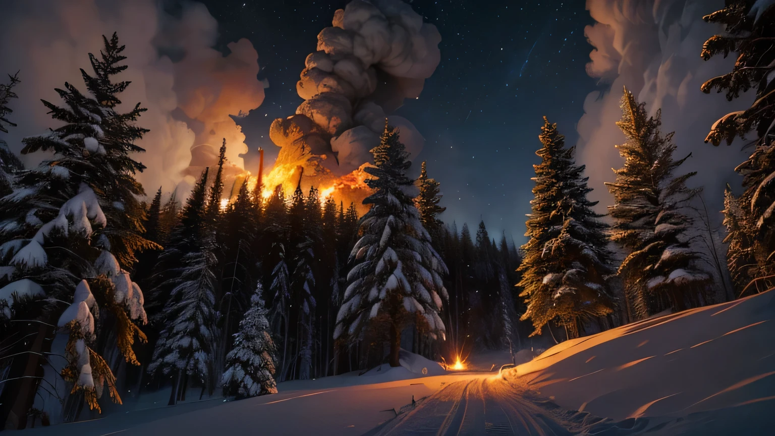 Dramatic lighting, chiaroscuro, fiery meteorites in the sky, dense forest under snow, trees on fire, daytime