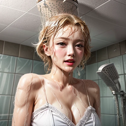 commercial Photo, face closeup, BananaFace, Banana in face, Banana awe, (White LiquidSoap dropped face and hair), facial, ahegao, Shampoo, Bubbles, ((Extremely detailed beautiful blush face and eyes)), Radiant FineSkin . BREAK Marilyn Monroe, (ShowerWater:1.6), (Shower-Head:-1.2), TopShower, (much Water from ceiling falling like rain:1.4), wet hair, wet face, wet body, wet towel, splash waters, well-proportioned, FlowerArmor