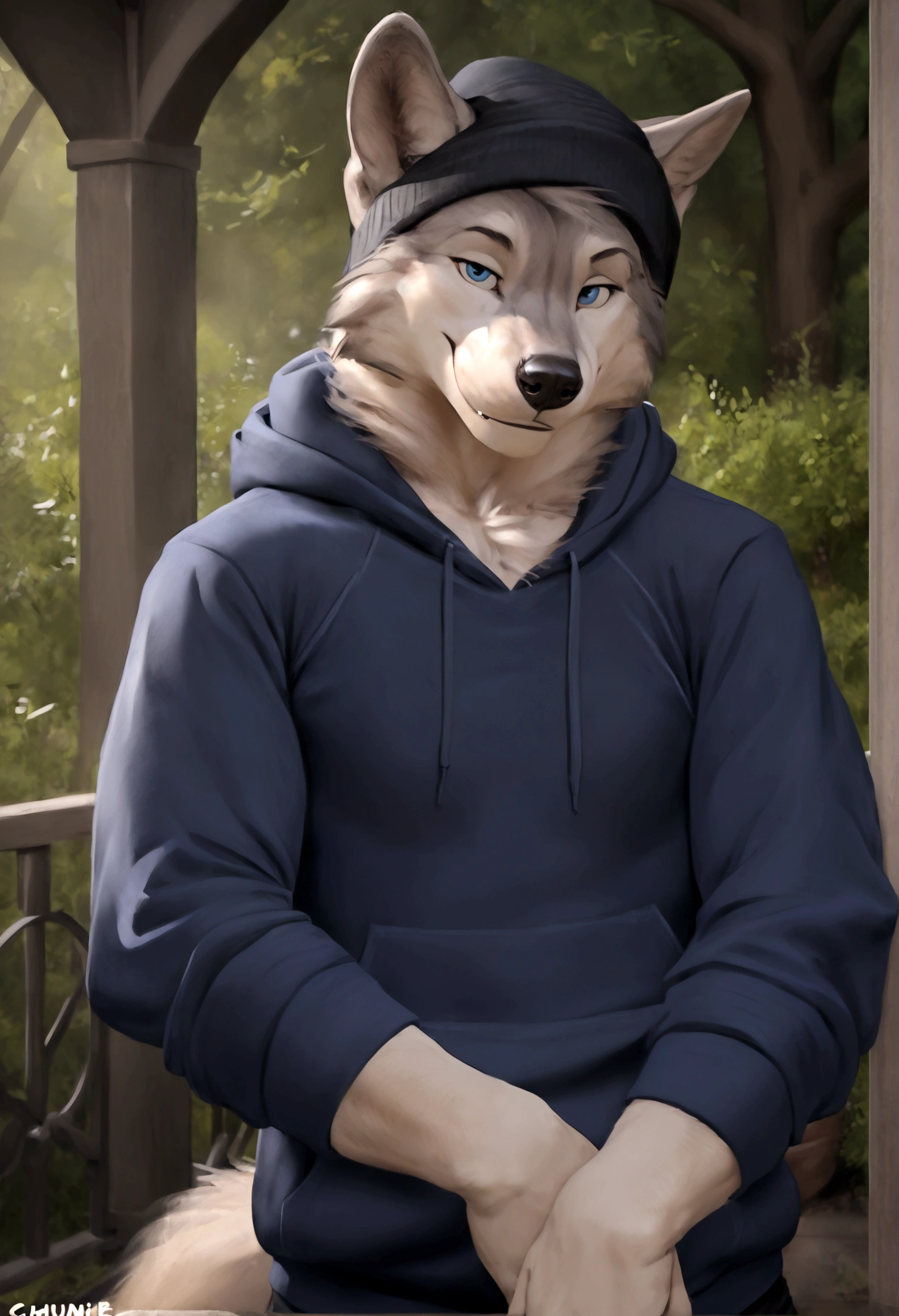 4k, high resolution, best quality, perfect colors, perfect shadows, perfect lighting, posted on e621, furry body, solo, medium full shot, anthro gray wolf, natural gray wolf fur pattern, sleep deprived, irritated eyes, wearing a t shirt with a death metal band logo, wearing a black open zipped down hoodie with the hood down, (anatomically correct wolf tail, detailed fingers, male, (middle-aged, mature:1.2), (skinny, average body), correct anatomy, (photorealistic fur, detailed fur, epic, masterpiece:1.2), (big modern background), (by Taran Fiddler, by Chunie, by Rukis, Bonifasko lighting), (standing), detailed blue eyes, smiling half-heartedly at the viewer, the hoodie is zipped down and showing the t shirt, the hood on the hoodie is down, t shirt is visible, head is fully visible, wearing a black beanie, he is not wearing the hood, the shirt can be seen under the hoodie, sleeves rolled up to elbows