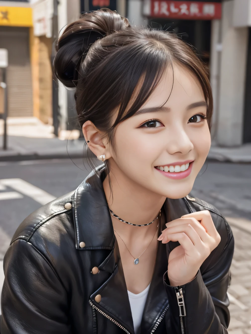 Ultra-high resolution, Superior Quality, highest quality, Very detailed, Realistic, 8k, RAW Photos, highest quality, masterpiece, Attractive girl, Awesome girl, Black Hair、Hairstyle: Bun、 Japanese Idols, Sophisticated, stylish, leather jacket、shirt、smile、Beautiful teeth alignment、ear piercing、Necklace around the neck、