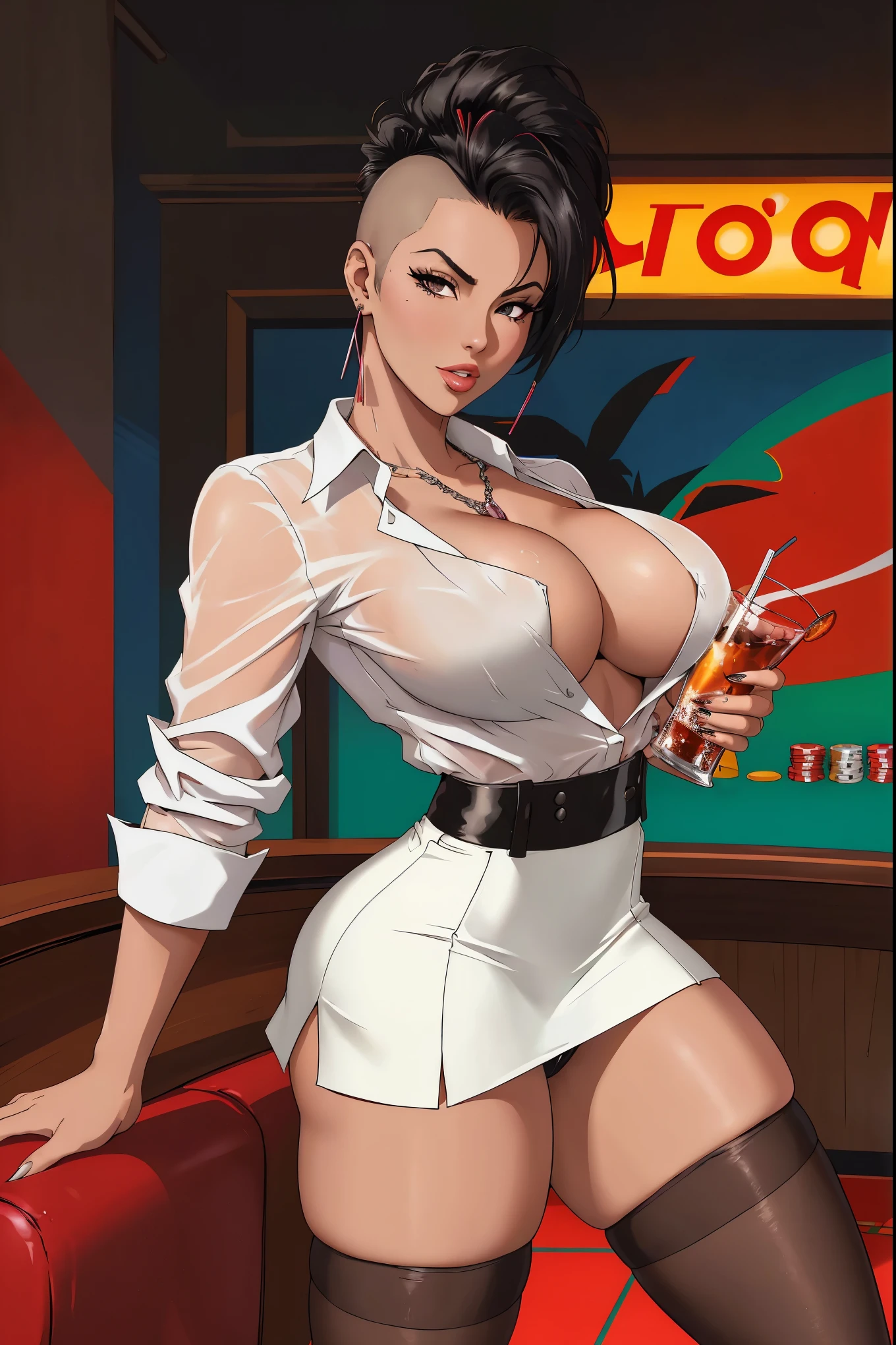film photo ChristyMackQuiron woman, peinado Mohawk, mohawk hair, black hair, pelo negro, realista, a woman Shot putwearing a white blouse a short red skirt and nylon stockings having a drink, camisa blanca, cleavage, falda corta roja, medias de nylon negras, nylon thighighs, black nylon stockings, earrings, de buen tono, 35mm photography, movie, bokeh, profesional, 4k, muy detallado, classy, elegante, in a tropical style casino, casino de estilo tropical, caribbean casino, caribbean casino, Las Vegas