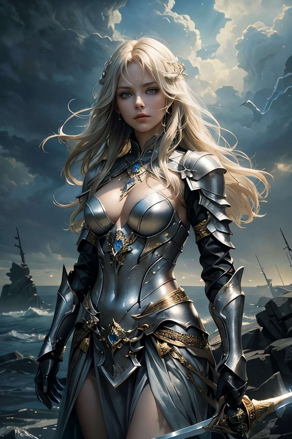 (Masterpiece) - A captivating image of a ethereal goddess wielding a longsword, adorned in shimmering grey and silver armor. Her sky blue eyes, detailed with intricate veins and flecks of gold, pierce the viewer with an air of authority and nobility. Her white skin, glowing under the soft golden hues of the armor, is a testament to her divine heritage. Her long, cascading blonde and gold hair flows effortlessly behind her, catching the light and highlighting the delicate, glimmering strands. The scene is set against a backdrop of a dramatic, stormy sky, adding an element of drama and mystery to the