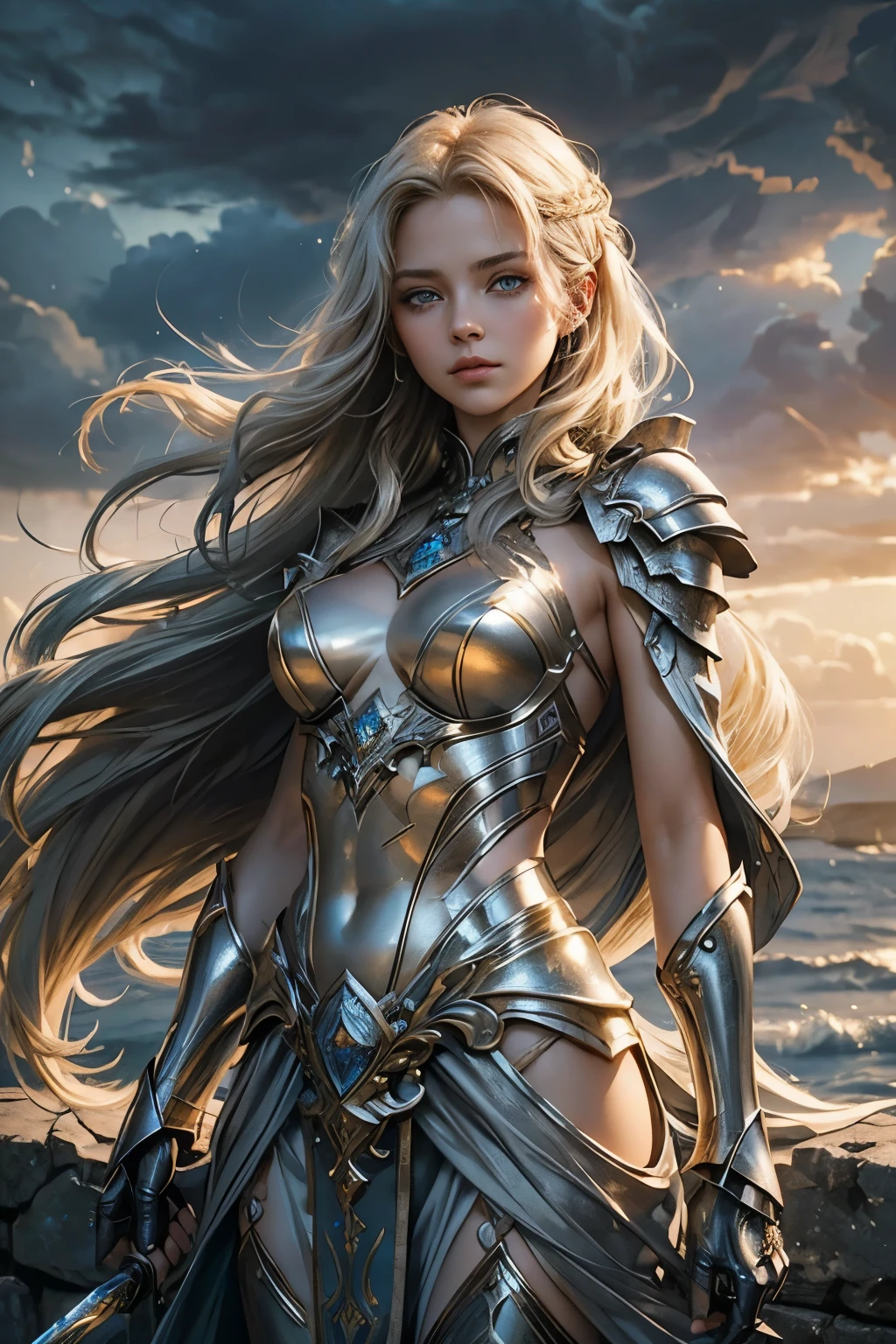 (Masterpiece) - A captivating image of a ethereal goddess wielding a longsword, adorned in shimmering grey and silver armor. Her sky blue eyes, detailed with intricate veins and flecks of gold, pierce the viewer with an air of authority and nobility. Her white skin, glowing under the soft golden hues of the armor, is a testament to her divine heritage. Her long, cascading blonde and gold hair flows effortlessly behind her, catching the light and highlighting the delicate, glimmering strands. The scene is set against a backdrop of a dramatic, stormy sky, adding an element of drama and mystery to the