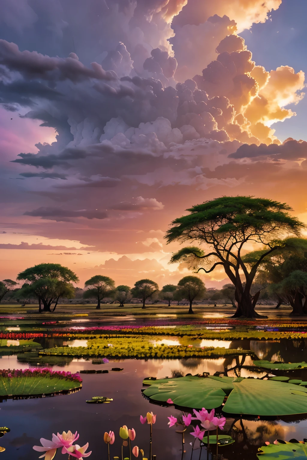In the midst of vast plains massive acacia trees surround a Vibrant Oasis filled with colorful flowers, lily pads, pink orchids, lotus flowers, vibrant Sunset, distant storm cumulus clouds