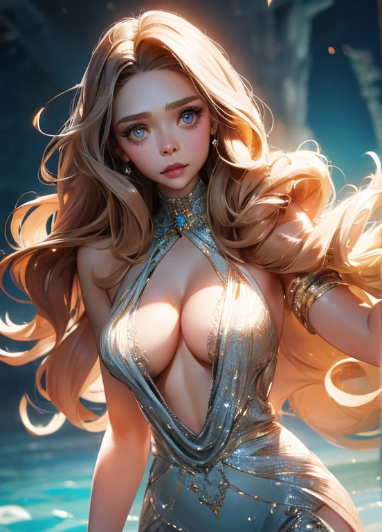 Photo Realistic Art Style Best Quality:1.3, Masterpiece, Natural Beauty, Elizabeth Olsen, Accurate Face Proportion, Full Body View, Slim and toned with a well-proportioned figure. Body shape Hourglass figure with defined waistline. Balanced proportions between shoulders and hips. Fair to light complexion with a natural, healthy glow. Eyes Shape: Almond-shaped, with a slightly upturned outer corner. Eyes Color: Light blue to greenish-blue, often described as striking and clear. Eyelashes: Naturally long and thick, often enhanced with mascara. Eyebrows: Well-defined and slightly arched, complementing her eye shape. Expression: Expressive and engaging, often conveying warmth and depth. Hair Medium to long, often styled in soft waves or loose curls. Hair Color Light to medium brown with subtle highlights, adding depth and dimension. Facial Features Oval-shaped face with high cheekbones. Expressive eyes, typically depicted with subtle makeup to enhance natural beauty. Full lips with a natural pink hue. Clothes: Actress Elizabeth Olsen graces the red carpet in a stunning, form-fitting dress that accentuates her silhouette. The dress, with its low-cut neckline, exudes elegance and sophistication, making a bold fashion statement. Her poised demeanor and radiant smile add to the allure of her chic ensemble