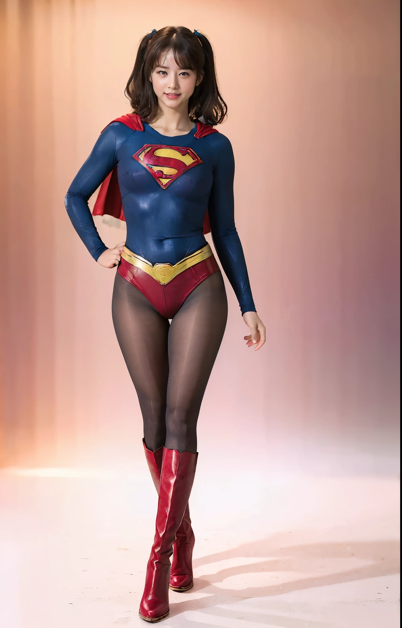 No background、(((Beautiful legs in black tights.)))、(((Legally express the beauty of your smile)))、((((Make the most of your original images)))、(((体にぴったりフィットするSupergirl Costume)))、(((Supergirl Costume)))、(((Beautiful twin tail hairstyle)))、(((She is winking cutely.)))、(((Please wear black tights....、Wear red boots)))、((Best image quality、8k))、((highest quality、8k、masterpiece:1.3))、(((Preserve background )))、Sharp focus:1.2、Beautiful woman with perfect figure:1.4、Slim Abs:1.2、Wet body:1.5、Highly detailed face and skin texture、8k