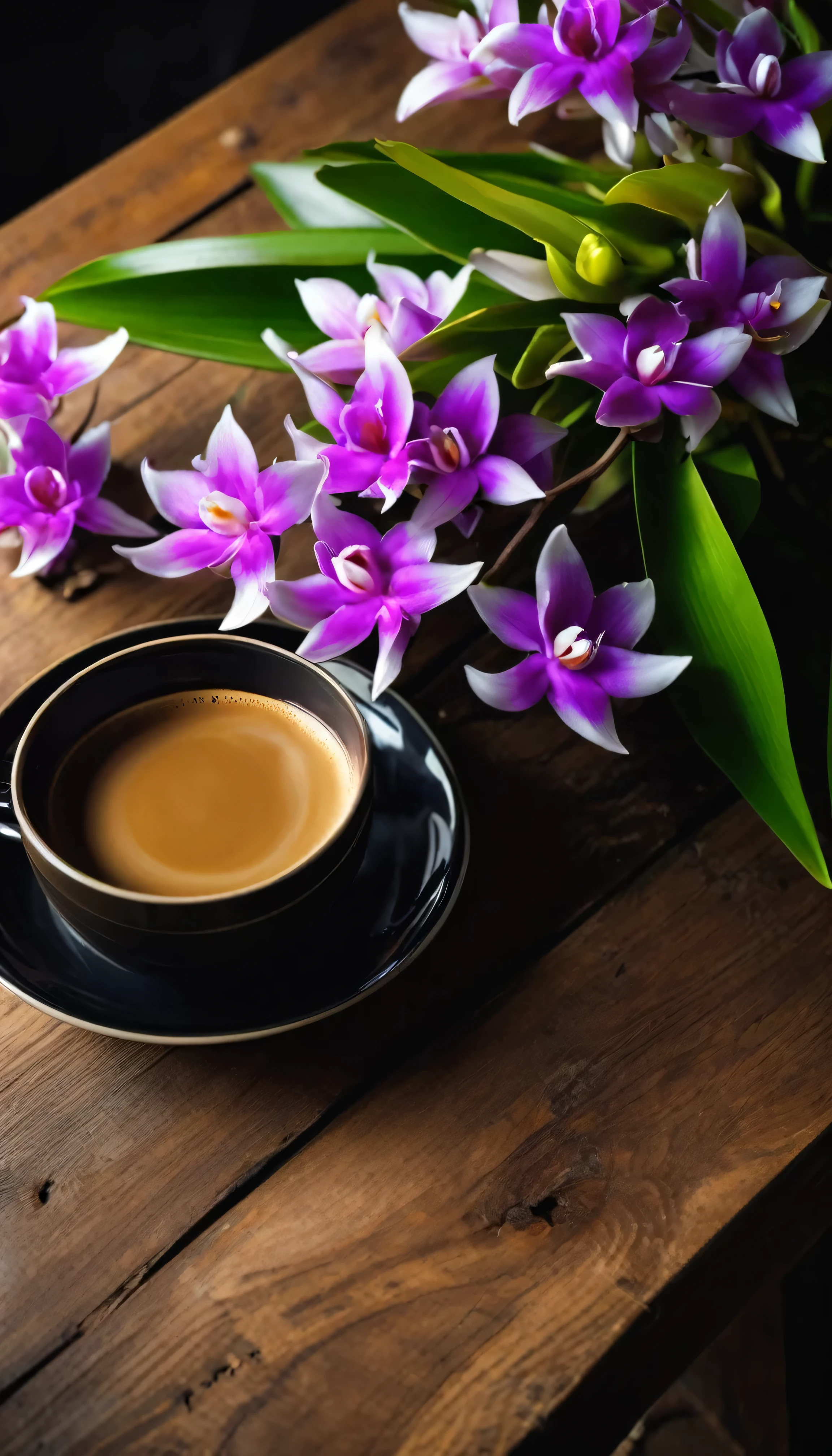 Close-up bouquet of dendrobium flowers lying flat on wooden table，Beautifully, Soft light and shadow，beautiful and bright，Take away a cup of coffee on a fresh and bright morning(Dark black defogged coffee cup)。from a bird&#39;s point of view&#39;Perspective，Bokeh background adds romantic atmosphere，There are no characters in the whole scene，Seems extremely peaceful and comfortable，With window background，Fresh and bright bokeh background