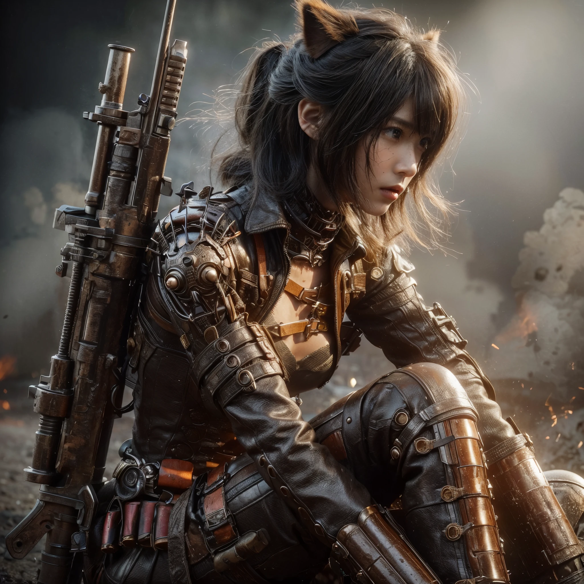 8k,Realistic Photo, Realistic Skin Texture, Superrealism, (Civil War-like leather suit:1.2), burnt field、heavy weapons,vivid textures,animal legs, gradation hair, japanese female soldier,(ultra beautiful face),((super realistic all textures)), ((super intricate all details)), full body shot, ultra sharp photo result, metallic color, scratch, Rust, weathering, steampunk, taken with Fuji film X-T30+Nokton. HDR10,Minimum of 4 pieces created